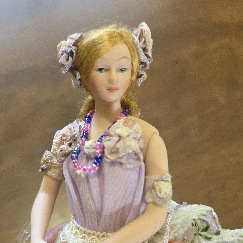 Vintage Porcelain Victorian Dresser Tassel Doll with Floral Purple Dress‎